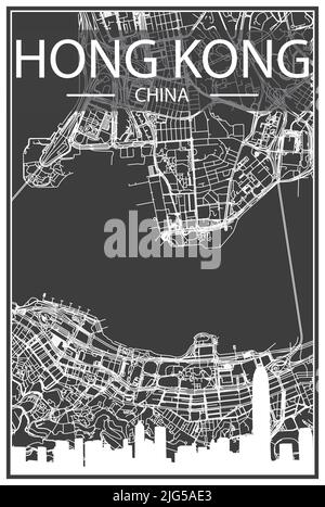 Dark printout city poster with panoramic skyline and streets network on dark gray background of the downtown HONG KONG, CHINA Stock Vector