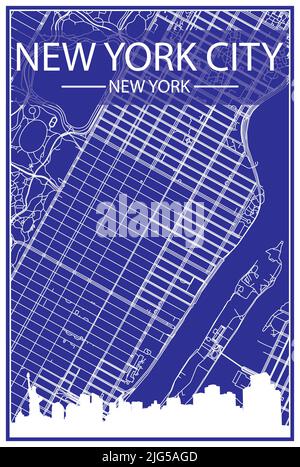 Technical drawing printout city poster with panoramic skyline and streets network on blue background of the downtown NEW YORK CITY, NEW YORK Stock Vector