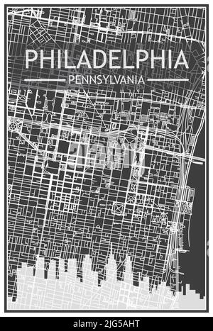 Dark printout city poster with panoramic skyline and streets network on dark gray background of the downtown PHILADELPHIA, PENNSYLVANIA Stock Vector