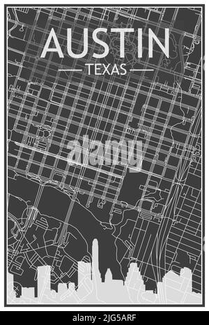 Dark printout city poster with panoramic skyline and streets network on dark gray background of the downtown AUSTIN, TEXAS Stock Vector