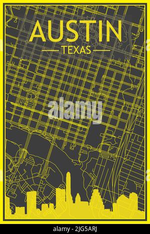 Yellow printout city poster with panoramic skyline and streets network on dark gray background of the downtown AUSTIN, TEXAS Stock Vector