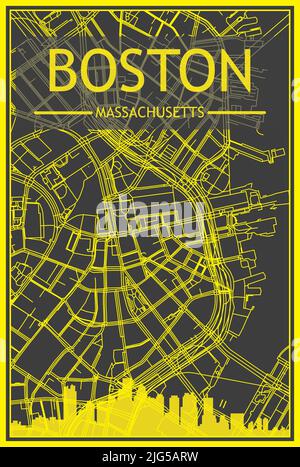 Yellow printout city poster with panoramic skyline and streets network on dark gray background of the downtown BOSTON, MASSACHUSETTS Stock Vector