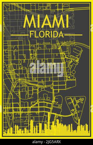 Yellow printout city poster with panoramic skyline and streets network on dark gray background of the downtown MIAMI, FLORIDA Stock Vector