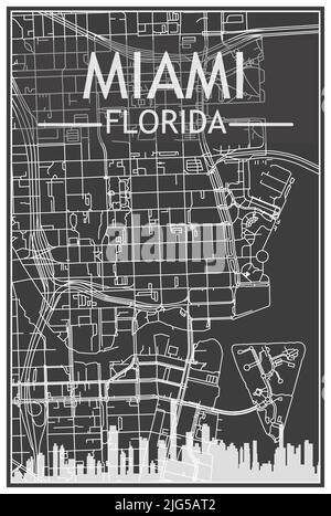 Dark printout city poster with panoramic skyline and streets network on dark gray background of the downtown MIAMI, FLORIDA Stock Vector