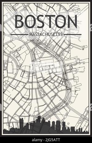 Light printout city poster with panoramic skyline and streets network on vintage beige background of the downtown BOSTON, MASSACHUSETTS Stock Vector