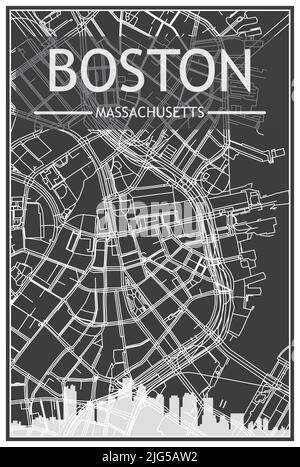 Dark printout city poster with panoramic skyline and streets network on dark gray background of the downtown BOSTON, MASSACHUSETTS Stock Vector