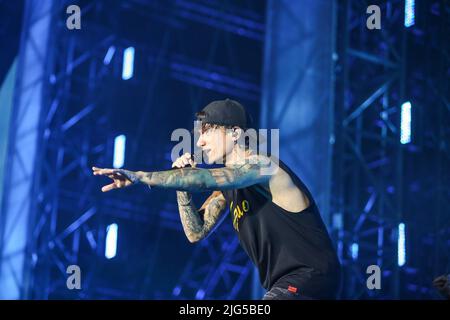 Pescara, Italy. 07th July, 2022. Ultimo performs on stage at Stadio Adriatico - Pescara during Ultimo - Stadi 2022, Italian singer Music Concert in Pescara, Italy, July 07 2022 Credit: Independent Photo Agency/Alamy Live News Stock Photo