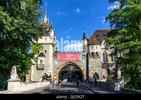The entrance to the Vajdahunyad castle complex in Budapest City Park Stock Photo