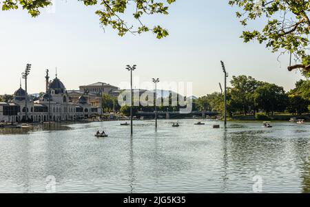 Paddle boats in the lake in Budapest City Park in the summer Stock Photo