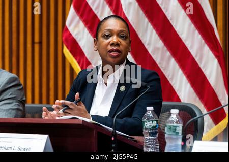 New York, United States. 07th July, 2022. New York City Police Commissioner Keechant Sewell speaks about the latest crime statistics for New York City. Credit: SOPA Images Limited/Alamy Live News Stock Photo