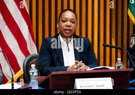 New York, United States. 07th July, 2022. New York City Police Commissioner Keechant Sewell speaks about the latest crime statistics for New York City. Credit: SOPA Images Limited/Alamy Live News Stock Photo