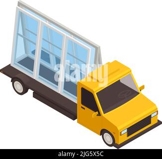 Isometric icon with delivery service truck transporting new pvc windows 3d vector illustration Stock Vector