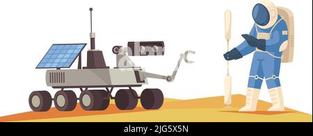 Mars colonization composition with extraterrestrial terrain and walking astronaut with moving rover vector illustration Stock Vector