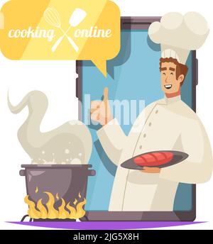Online cooking school concept with smiling chef holding plate vector illustration Stock Vector