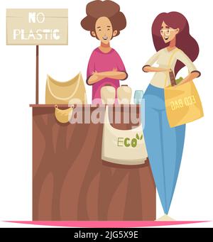 Eco zero waste sorting composition with isolated image of market stall selling eco friendly goods with buyer vector illustration Stock Vector