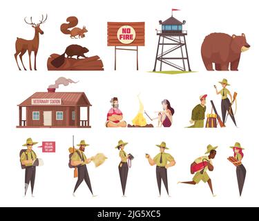 Cartoon icons set with male and female forest rangers wild animals hunters veterinary station building isolated vector illustration Stock Vector