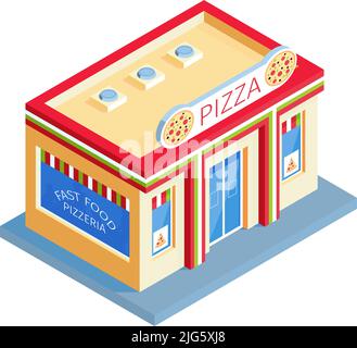 Isometric shops composition with isolated image of pizzeria building on blank background vector illustration Stock Vector