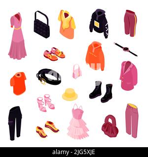 Isometric online shopping fashion clothes shoes set with isolated icons of accessories goods and designer wardrobe vector illustration Stock Vector
