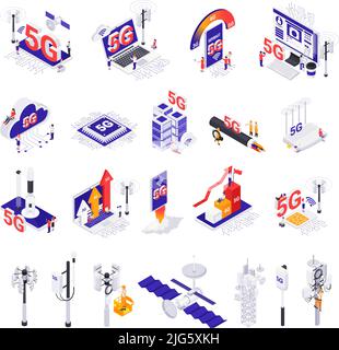 Internet 5G technology isometric icons set of satellites cloud chip sim card cellular aerial isolated elements vector illustration Stock Vector