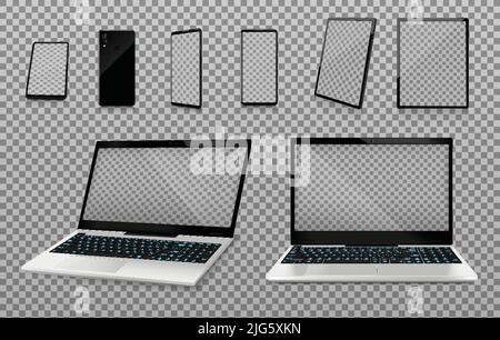 Laptop and smartphone mockups with transparent screens realistic set on transparent background isolated vector illustration Stock Vector