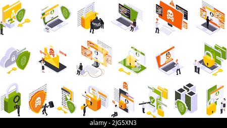 Cyber security spyware data protection isometric set of icons with pictograms human characters and computer images vector illustration Stock Vector