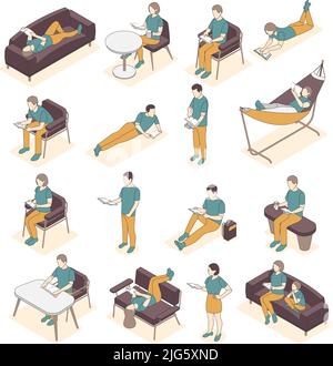 Reading people isometric icon set of recolor human characters reading books in different poses with shadows vector illustration Stock Vector