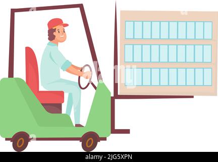 Happy worker driving forklift on white background flat vector illustration Stock Vector