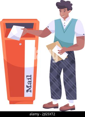 Flat icon with man putting letters in red mailbox on white background vector illustration Stock Vector