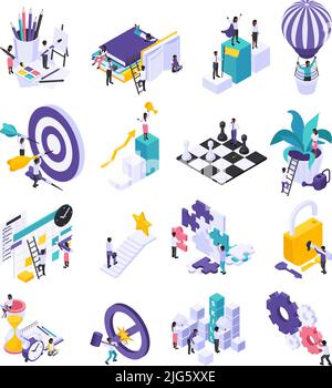 Personal growth plant watering hot air balloon puzzle chess pieces padlock key isometric symbols set vector illustration Stock Vector