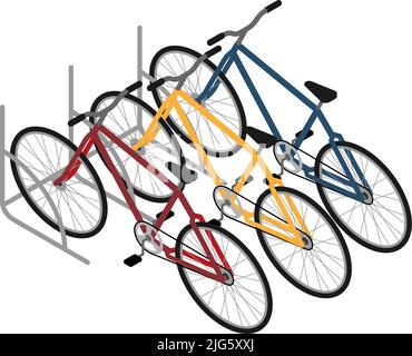 Metal rack with three colorful bicycles isometric icon vector illustration Stock Vector