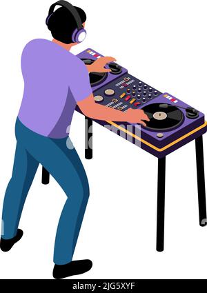 Isometric dj in headphones playing music on turntable 3d vector illustration Stock Vector