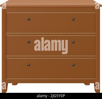 Brown wooden chest of drawers on white background realistic vector illustration Stock Vector