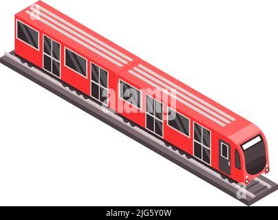 Isometric icon with red subway train on rail track vector illustration Stock Vector