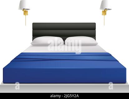 Modern bedroom realistic icon with double bed and two night lights vector illustration Stock Vector