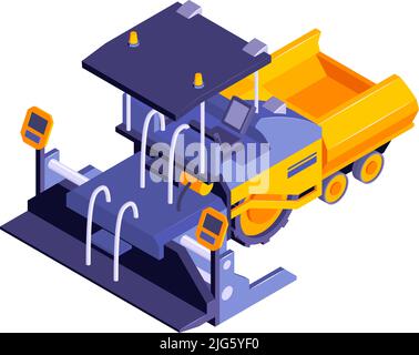 Isometric road construction roller composition with isolated image of conveyor belt feeder vector illustration Stock Vector