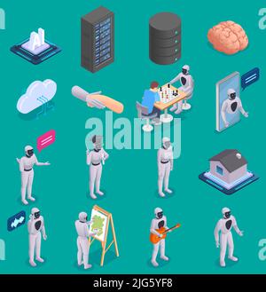 Set with artificial intelligence icons with isometric characters of robots making art and server infrastructure elements vector illustration Stock Vector