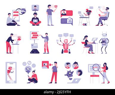 Technical support chatbot service flat set with multitask bot robot answering questions via business manager vector illustration Stock Vector