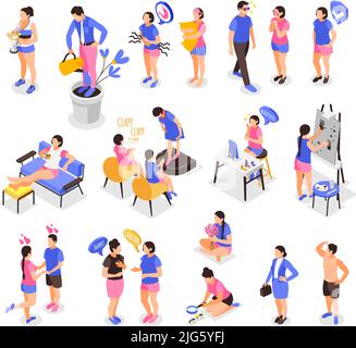 Human needs set of isometric icons with isolated human characters of people in various life situations vector illustration Stock Vector