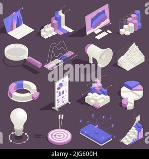 Market research elements isometric set of graphs target loudspeaker magnifying glass light bulbs isolated vector illustration Stock Vector
