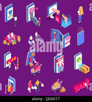 Online sale outlet isometric set with isolated icons of shopping people trolley carts goods and gadgets vector illustration Stock Vector
