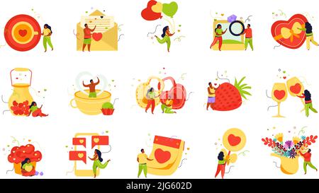 Valentines day flat recolor set with isolated icons of heart shaped balloons locks sweets and messages vector illustration Stock Vector