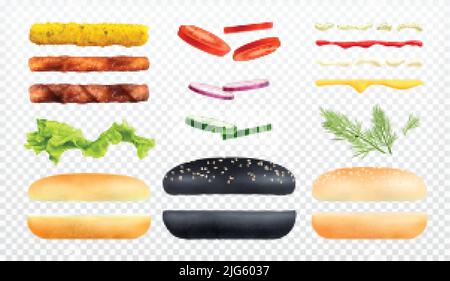 Burger constructor set of isolated icons and realistic images of cheeseburger hamburger ingredients on transparent background vector illustration Stock Vector