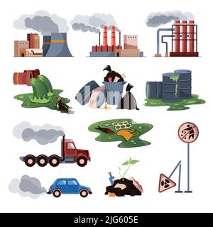 City air and water pollution set with colored icons of factories waste vehicles garbage on white background vector illustration Stock Vector