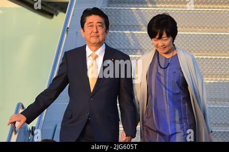 **FILE PHOTO** Former Japanese PM Shinzo Abe Showing No Vital Signs After Being Shot. WEST PALM BEACH, FL - FEBRUARY 10: Japanese Prime Minister Shinzo Abe and his wife Akie Abe arrive and accompany by U.S. President Donald J. Trump and his wife Melania Trump on Air Force One at the Palm Beach International Airport on February 10, 2017 in West Palm Beach, Florida. this is President Donald Trump second visit to Palm Beach since his inauguration. The President and the Prime Misnister are scheduled to get in a game of golf over the weekend at Mar-a-Lago resort as well as discuss trade issues. Cr Stock Photo