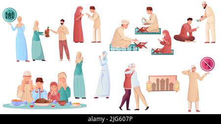 Muslim people in different situations during ramadan flat icons set isolated vector illustration Stock Vector