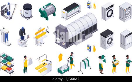 Laundry washing isometric composition with isolated icons of washing machines skirt boards with iron and workers vector illustration Stock Vector