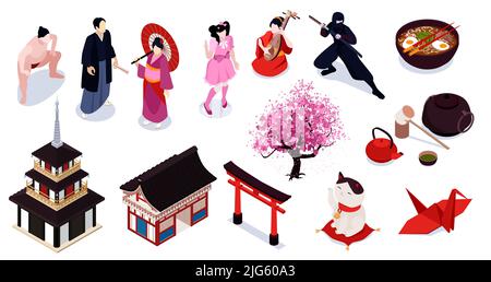 Isometric isolated japan icon set with traditional wear food style and architecture vector illustration Stock Vector