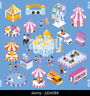 Amusement park isometric icon set with 3d attractions visitors food trucks tents isolated on blue background vector illustration Stock Vector
