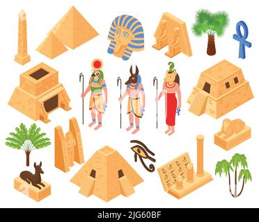 Ancient egypt culture symbols kings valley monuments pyramids temple sphinx gods statues palms isometric set vector illustration Stock Vector