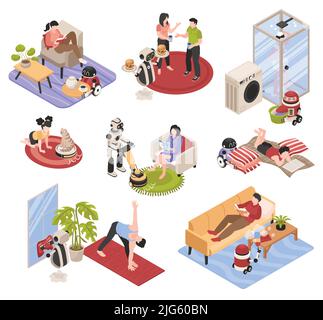 Robot housework isometric icons set with automatic robotic assistants doing various household chores isolated vector illustration Stock Vector
